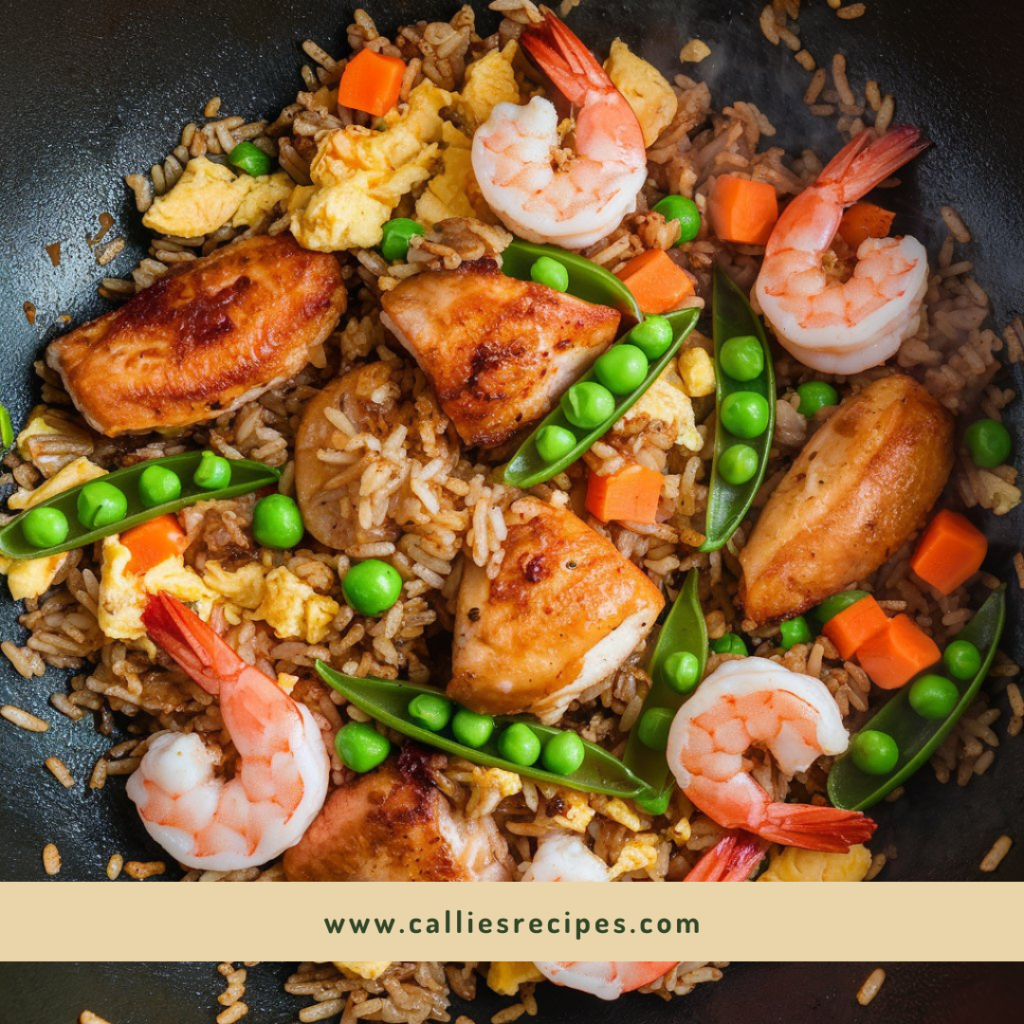 Fried rice with chicken, shrimp, vegetables, and eggs