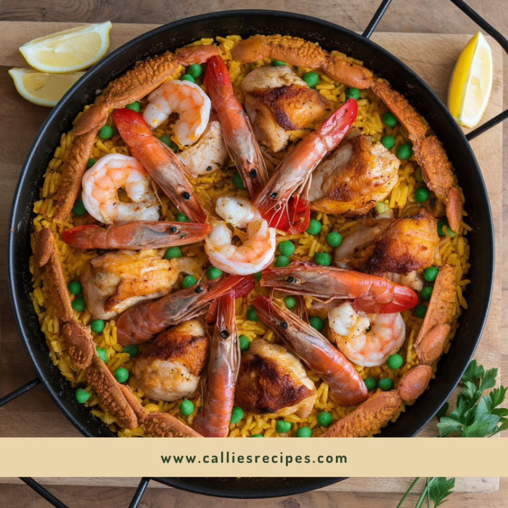 Traditional paella with chicken, shrimp, and saffron rice