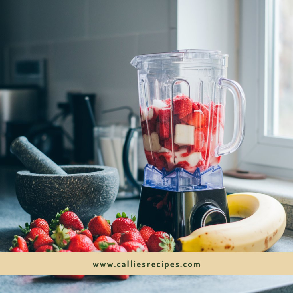 Vibrant red strawberry smoothie recipe in clear glass with fresh strawberries