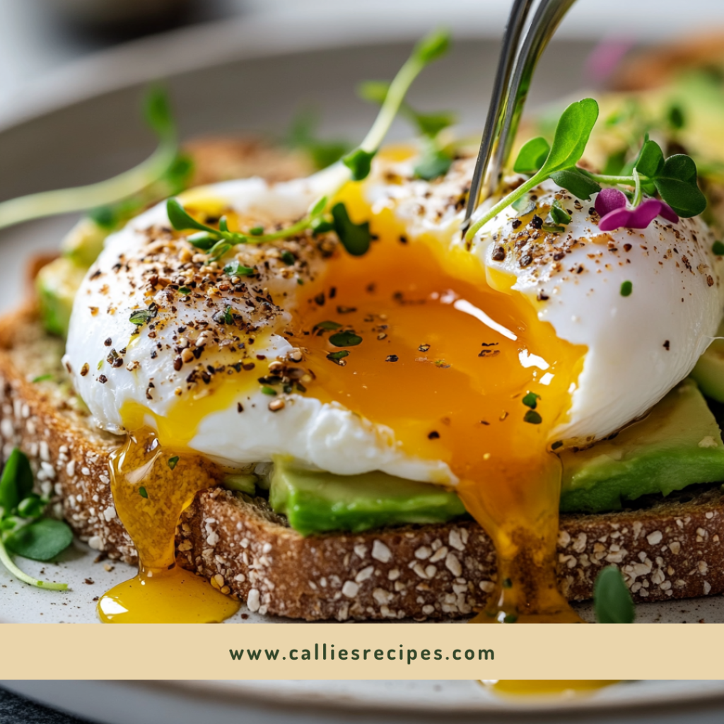 Close-up of poached egg yolk running over avocado toast with herbs and spices