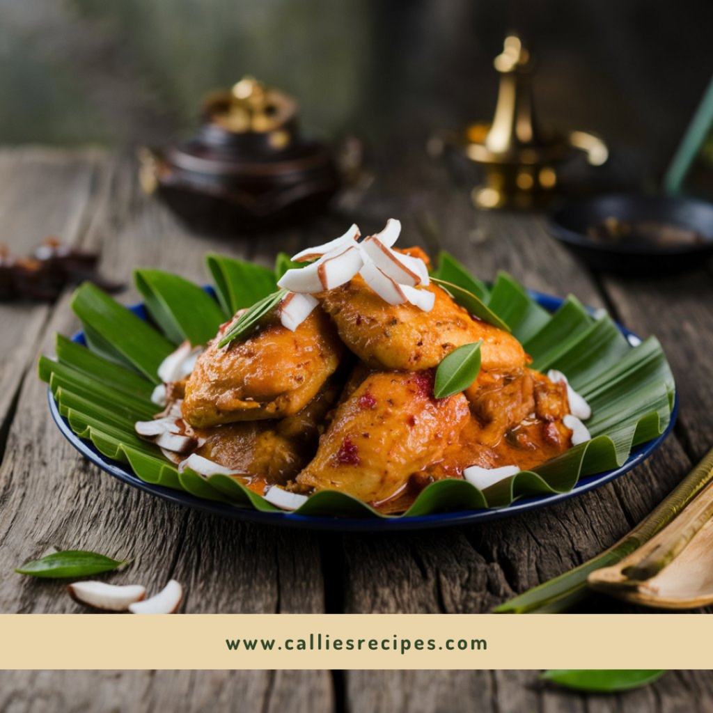 Nariyal chicken recipe served on wooden table with coconut garnish