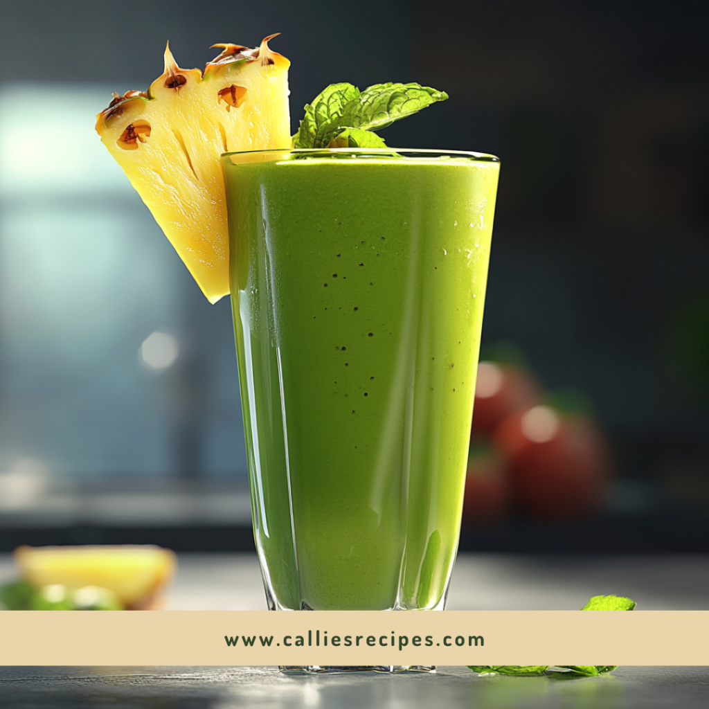 Glass of bright island green tropical smoothie garnished with pineapple and mint leaf against a beach background