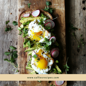 Overhead view of avocado toast with poached egg, microgreens, and radish slices on sourdough bread