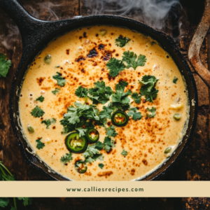 Overhead view of smoky queso dip in cast iron skillet with garnishes