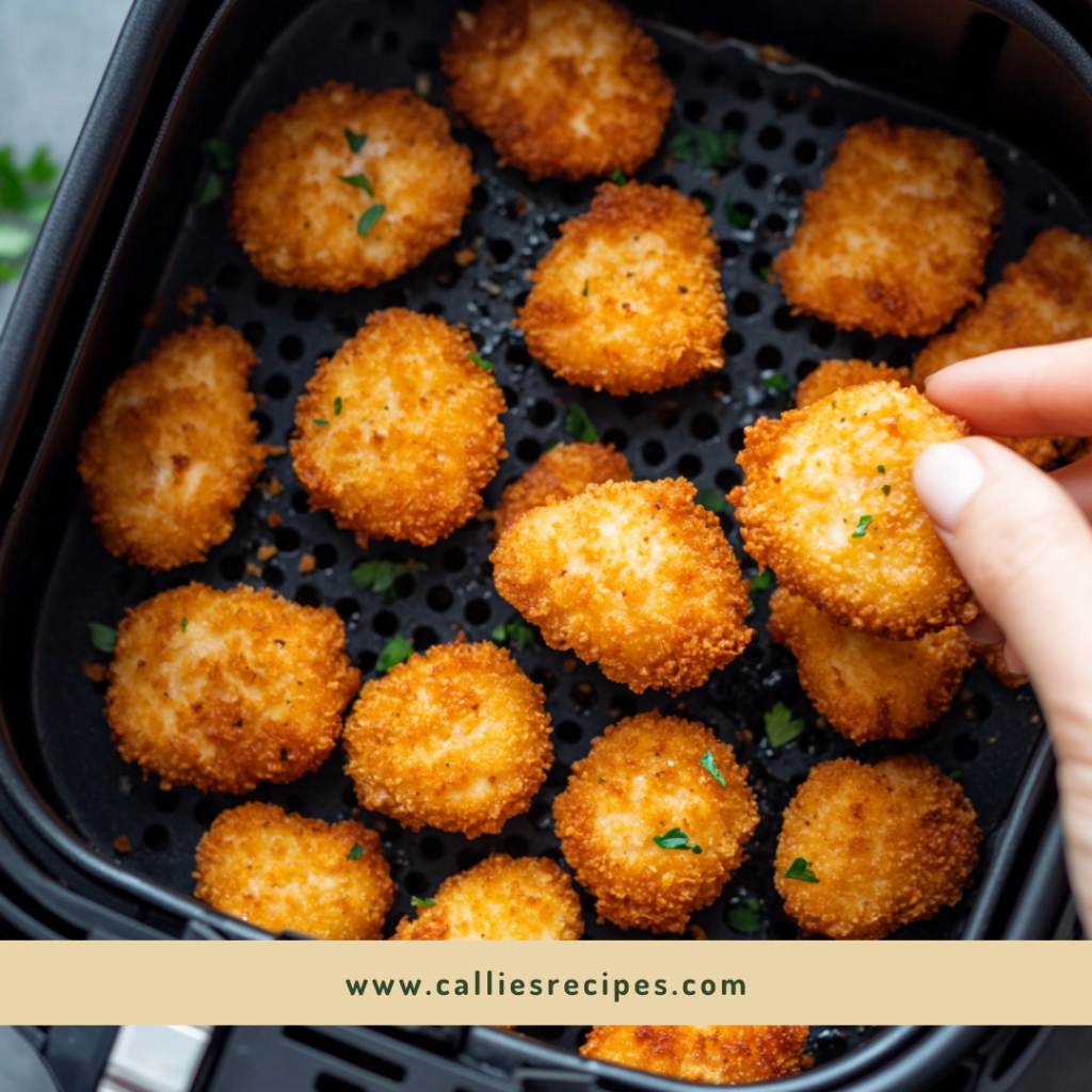 Air fryer basket filled with crispy chicken nuggets with one being held up to show texture