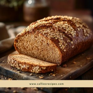 Freshly baked loaf of high protein bread with golden crust on wooden board