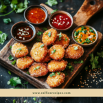 Wooden board with arranged air fryer chicken nuggets, dipping sauces, and herb garnishes