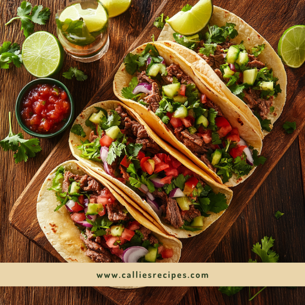 Assortment of Mexican tacos with traditional garnishes on wooden surface