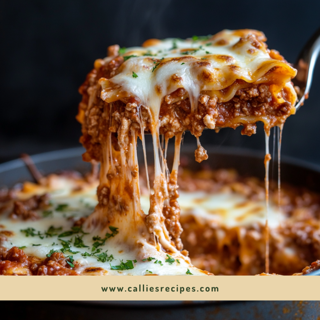 Cheese pull of one pot lasagna showing stretchy melted mozzarella between layers