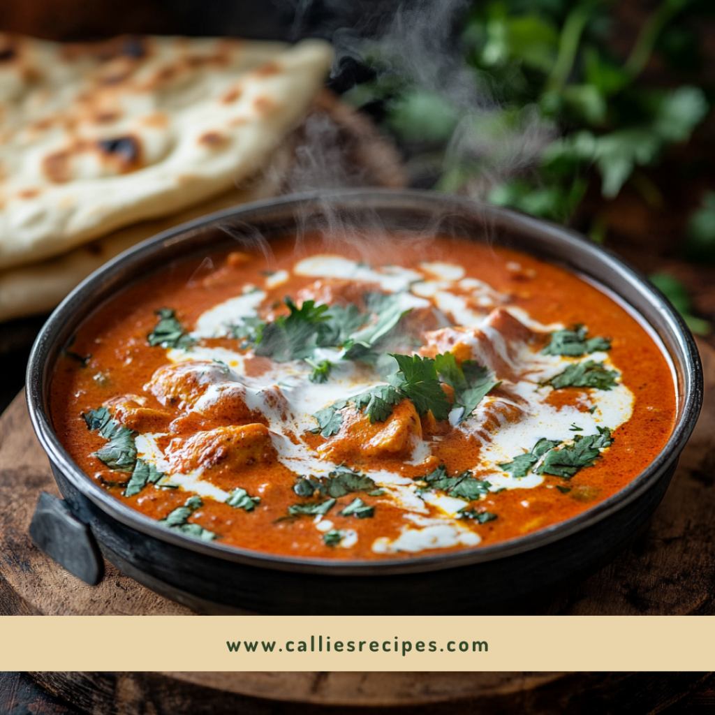 Steaming hot butter chicken curry in a copper bowl with cream swirls and cilantro garnish, served with naan bread