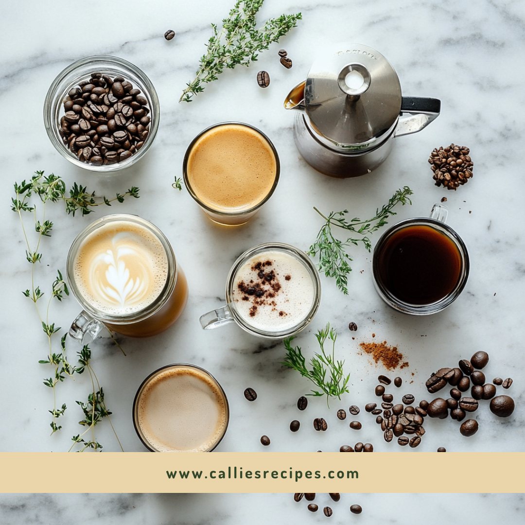 Artistic arrangement of coffee beans, brewing equipment, and fresh coffee displaying various preparation methods