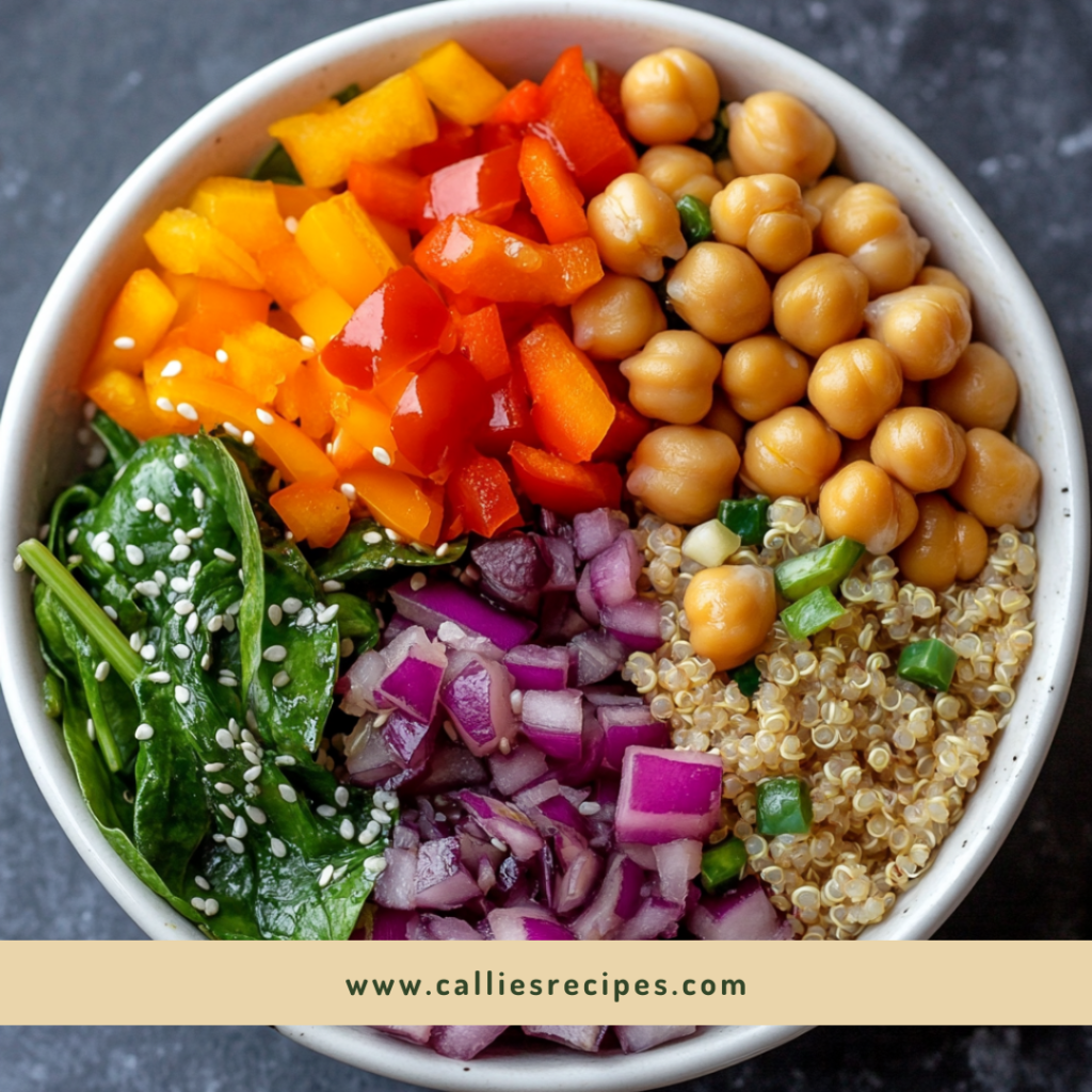 Healthy Buddha bowl with spinach, grains, and vegetables showing spinach benefits