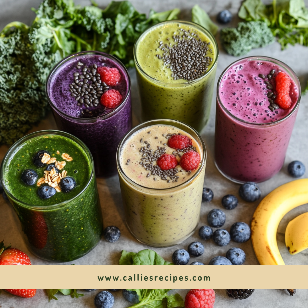 Bright and colorful smoothies made with various fruits and vegetables