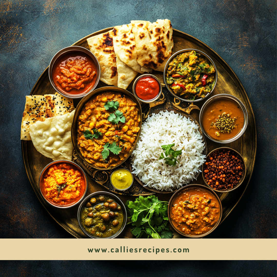 Traditional Indian thali with multiple dishes including dal, curry, rice, roti, and condiments arranged on a brass plate