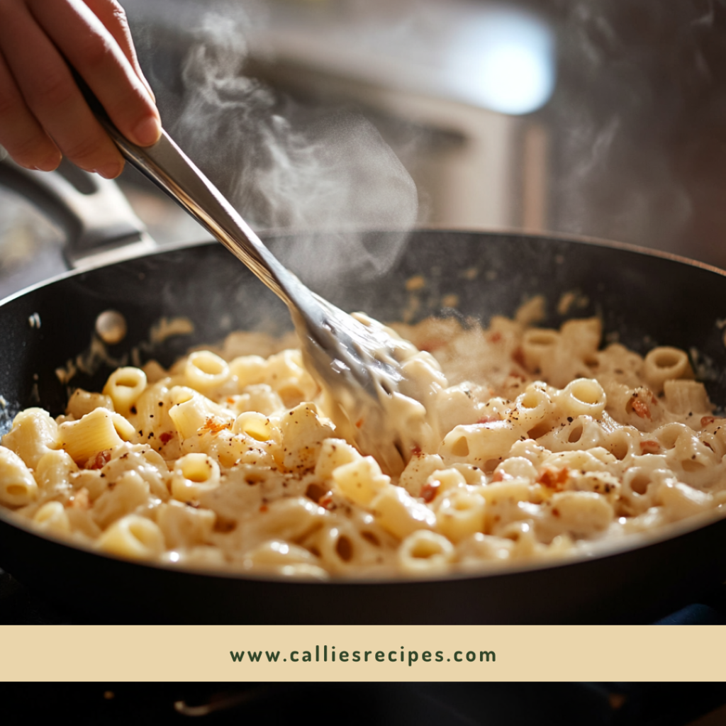 Chef stirring creamy sauce into cooked ditalini pasta in a large pan