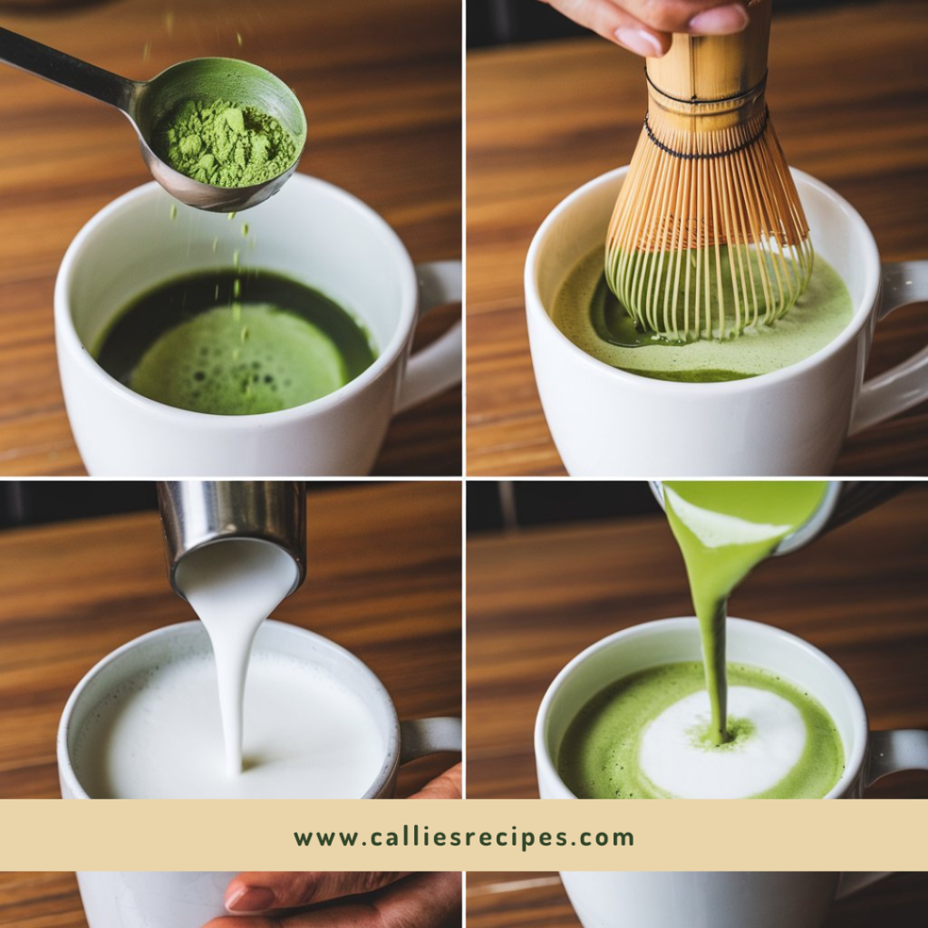 Hands preparing matcha latte with traditional tools