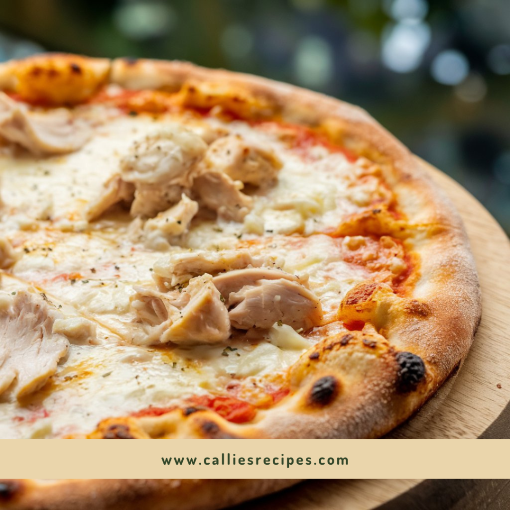 : Close-up photograph of Chicken Alfredo Pizza showing texture and toppings