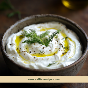 Creamy white Greek yogurt sauce in a ceramic bowl topped with fresh dill, mint, and olive oil