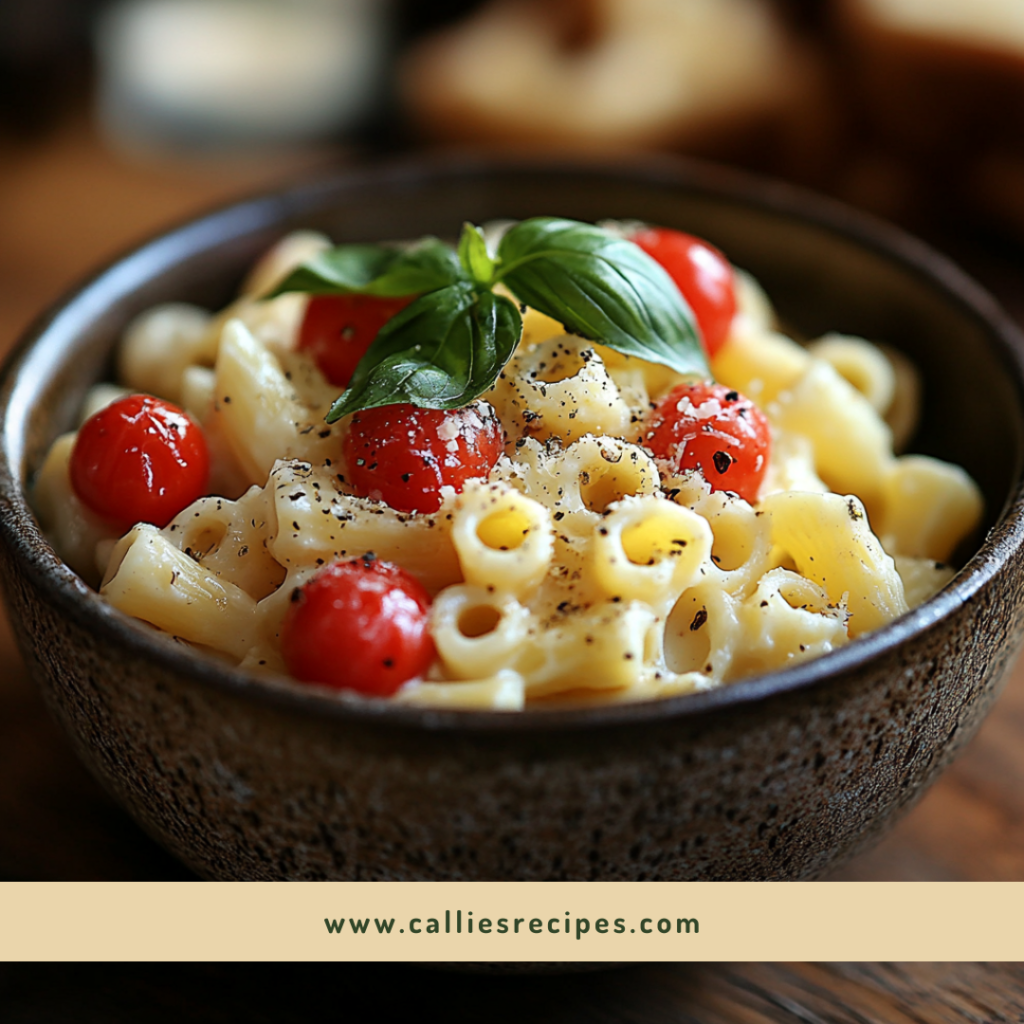 Bowl of creamy ditalini pasta topped with fresh herbs and tomatoes