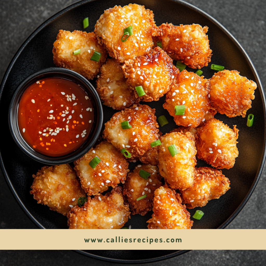 Crispy golden-brown air fryer chicken nuggets on a black plate with orange-red dipping sauce and green garnish