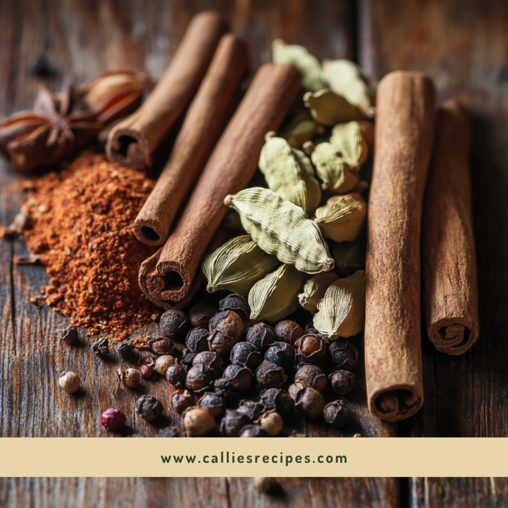 Various whole Indian spices arranged on a wooden surface including cardamom pods, cinnamon sticks, cloves, and peppercorns highlighting Indian cuisine