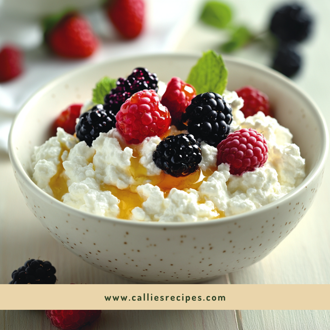 Bowl of cottage cheese topped with fresh berries and honey drizzle