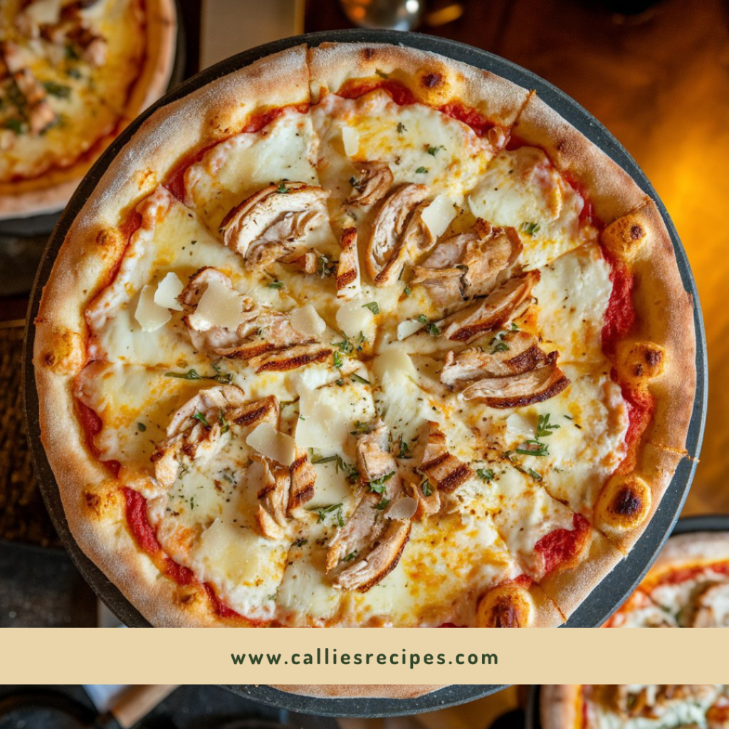 Overhead shot of whole Chicken Alfredo Pizza on dark surface with herbs