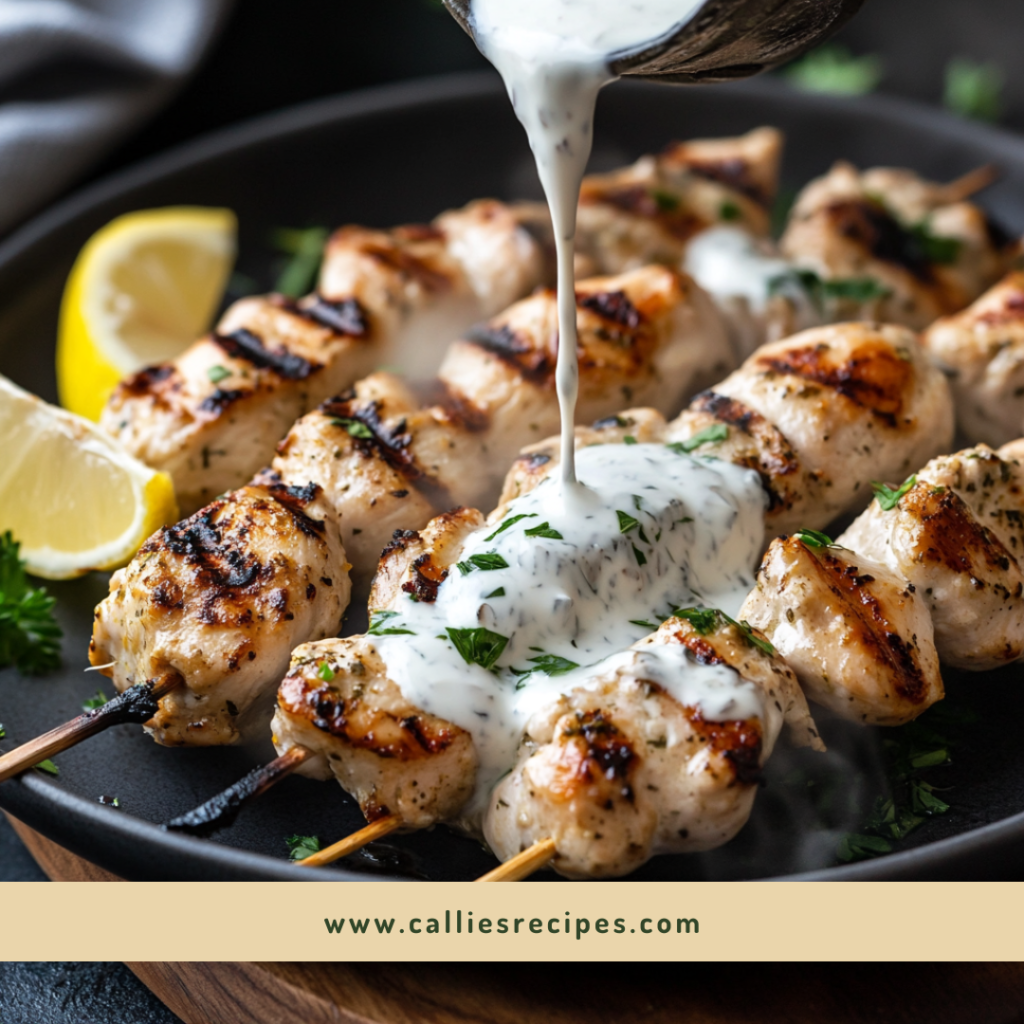 Greek yogurt sauce being poured over grilled chicken souvlaki with lemon and herbs