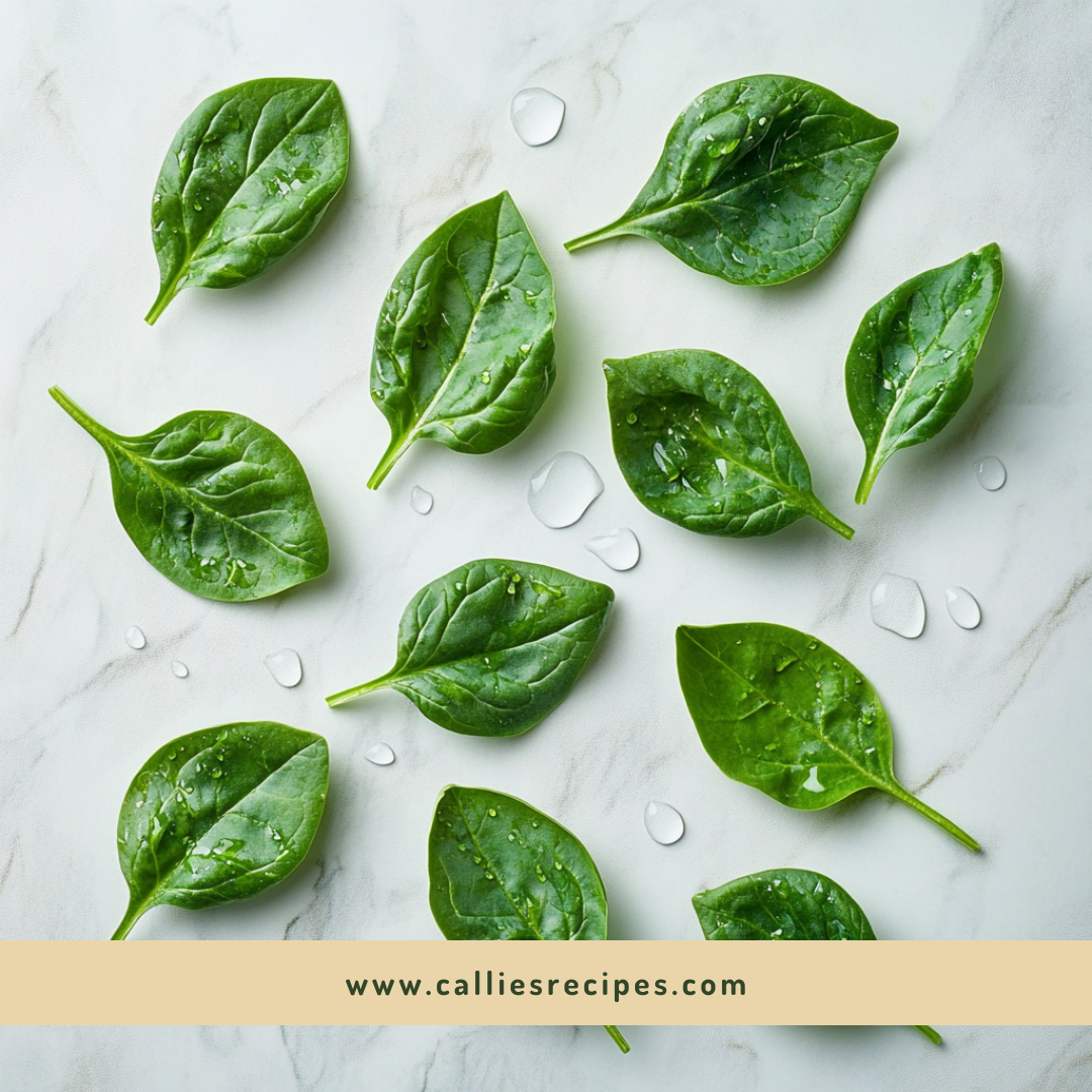 Fresh, wet spinach leaves arranged on white marble surface