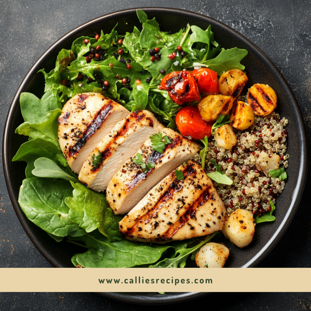 A healthy meal featuring grilled chicken breast, quinoa, and roasted vegetables on a plate