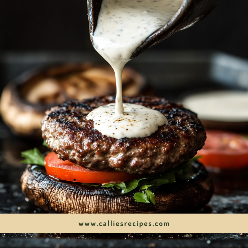 Greek yogurt sauce being poured over a low carb burger with portobello mushroom bun