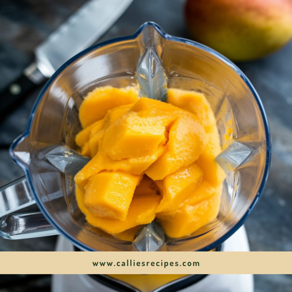 High-speed blender containing fresh mango puree in process, showing smooth texture and bright orange color