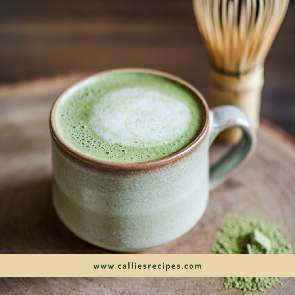 Creamy green matcha latte with frothy milk in ceramic mug