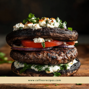 Low carb burger made with portobello mushroom buns, beef patty, and Mediterranean toppings