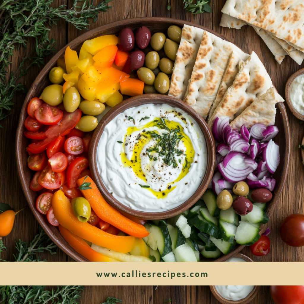 Overhead view of Greek yogurt sauce surrounded by vegetables, pita bread, and Mediterranean appetizers