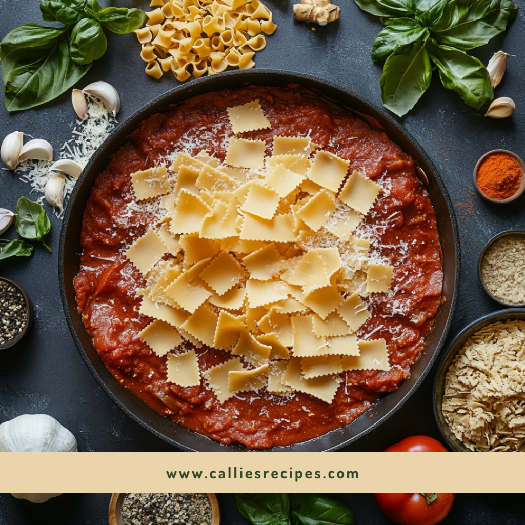 Breaking one pot lasagna noodles into a skillet of red sauce with ingredients nearby