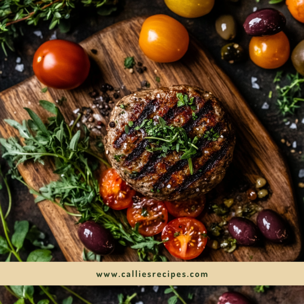 Overhead view of Mediterranean-style low carb burger with portobello buns and fresh ingredients on wooden board