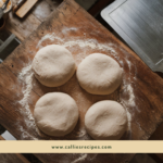 Four rounded homemade pizza dough balls on wooden surface with flour dusting