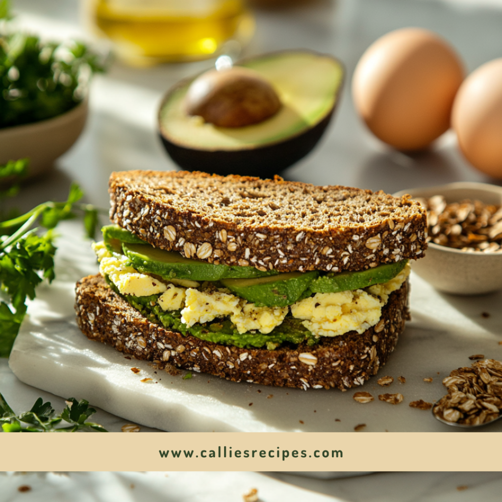 Healthy sandwich made with high protein bread, avocado, and eggs on marble counter