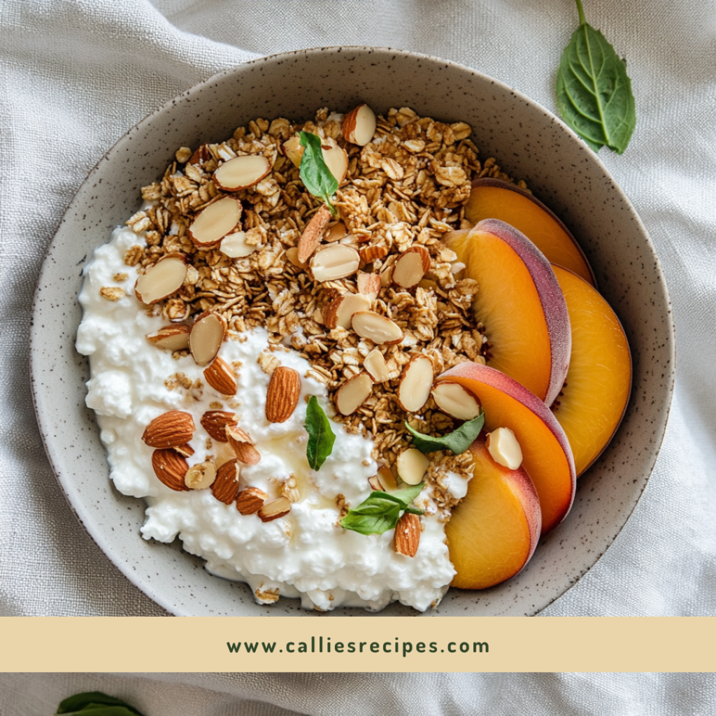 Breakfast bowl with cottage cheese, granola, and fresh peaches