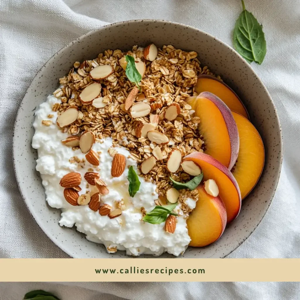 Breakfast bowl with cottage cheese, granola, and fresh peaches