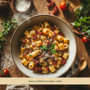 Overhead shot of ditalini pasta dish with cooking ingredients on wooden table