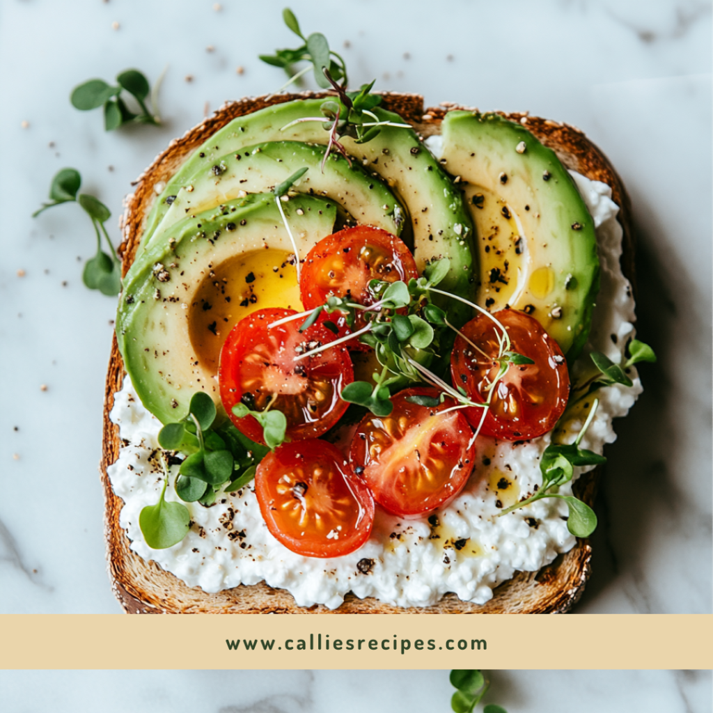 Healthy toast topped with cottage cheese, avocado, and tomatoes highlighting the benefits of cottage cheese