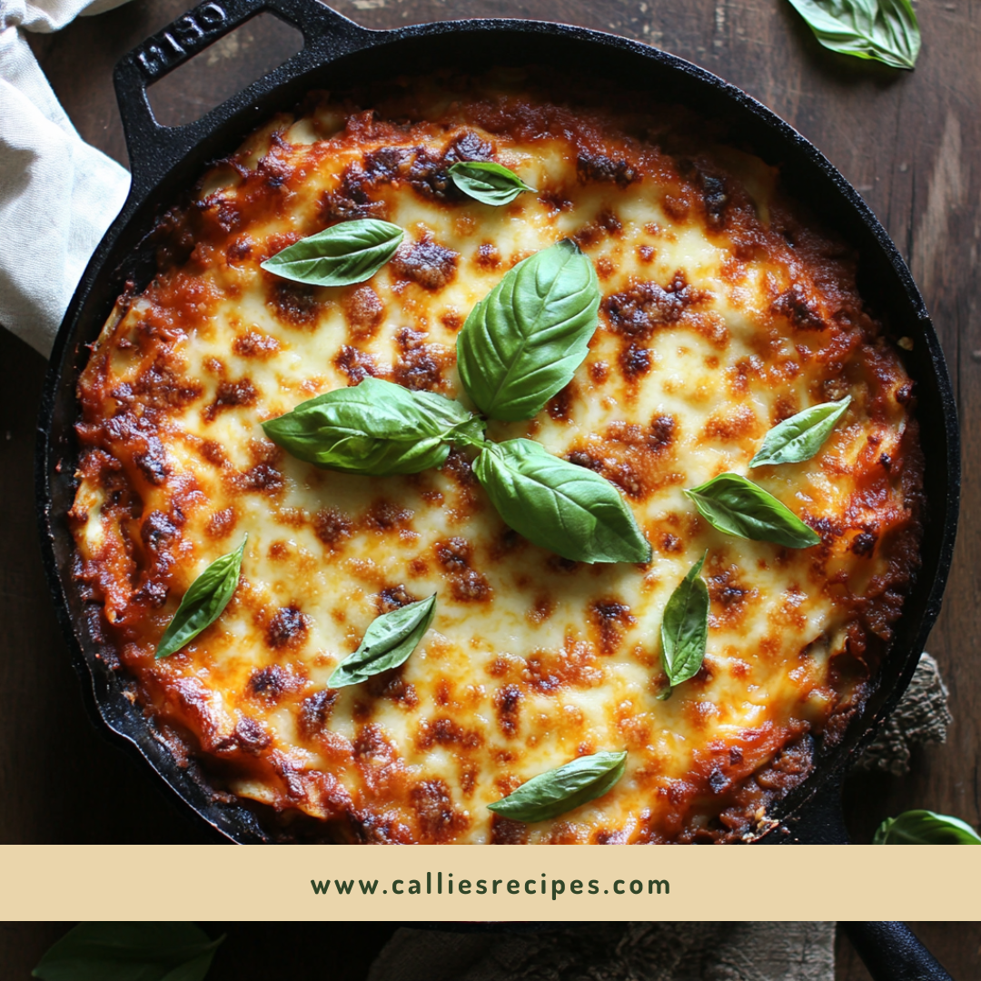 Overhead view of bubbling one pot lasagna in cast-iron skillet with melted cheese and fresh basil garnish