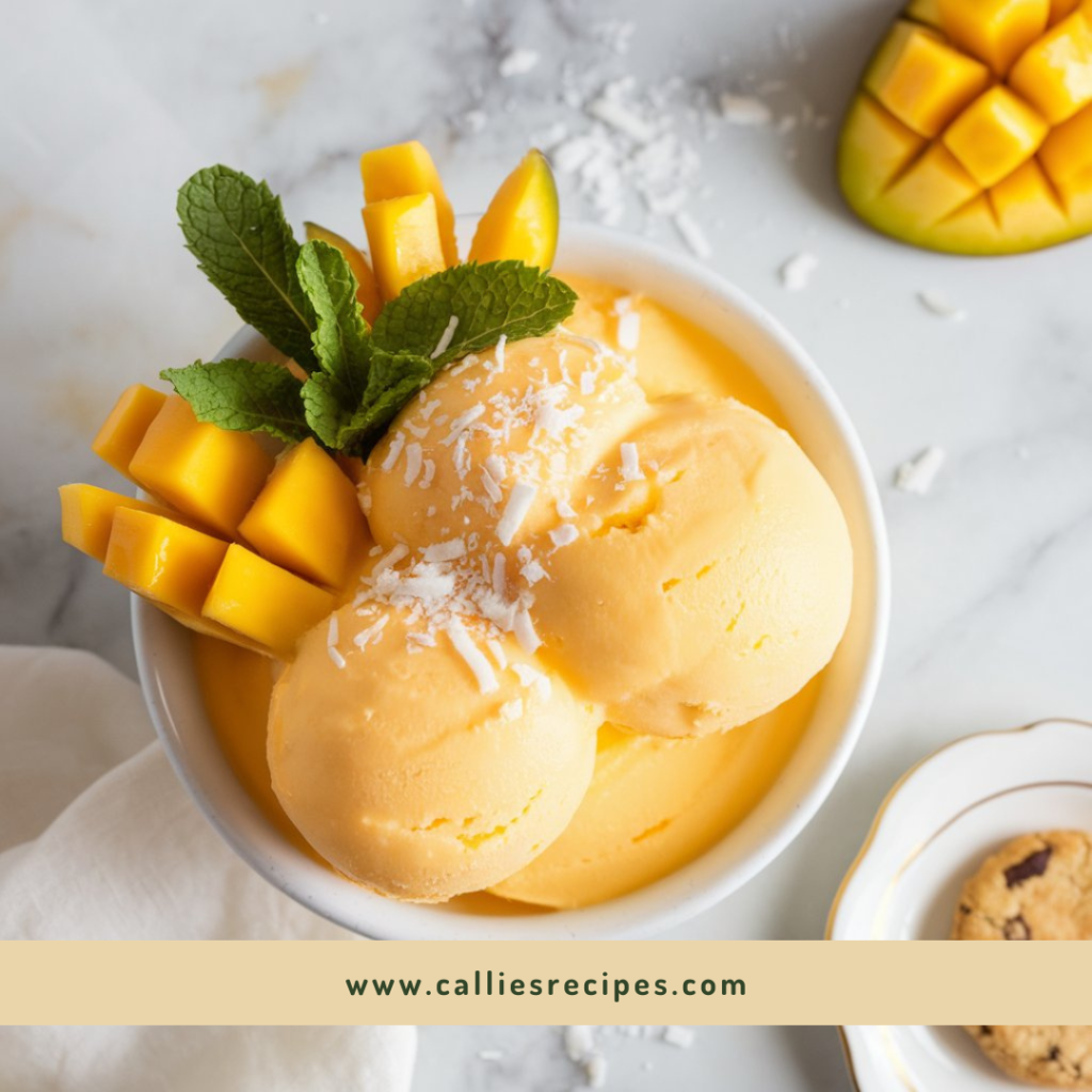 Overhead shot of two scoops of mango sherbet on white marble surface with tropical garnishes arranged around the plate