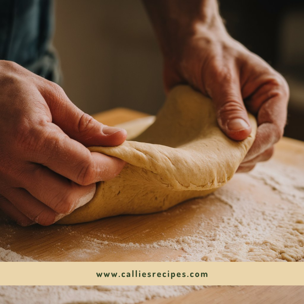 Hands kneading raw homemade pizza dough on a floured wooden surface