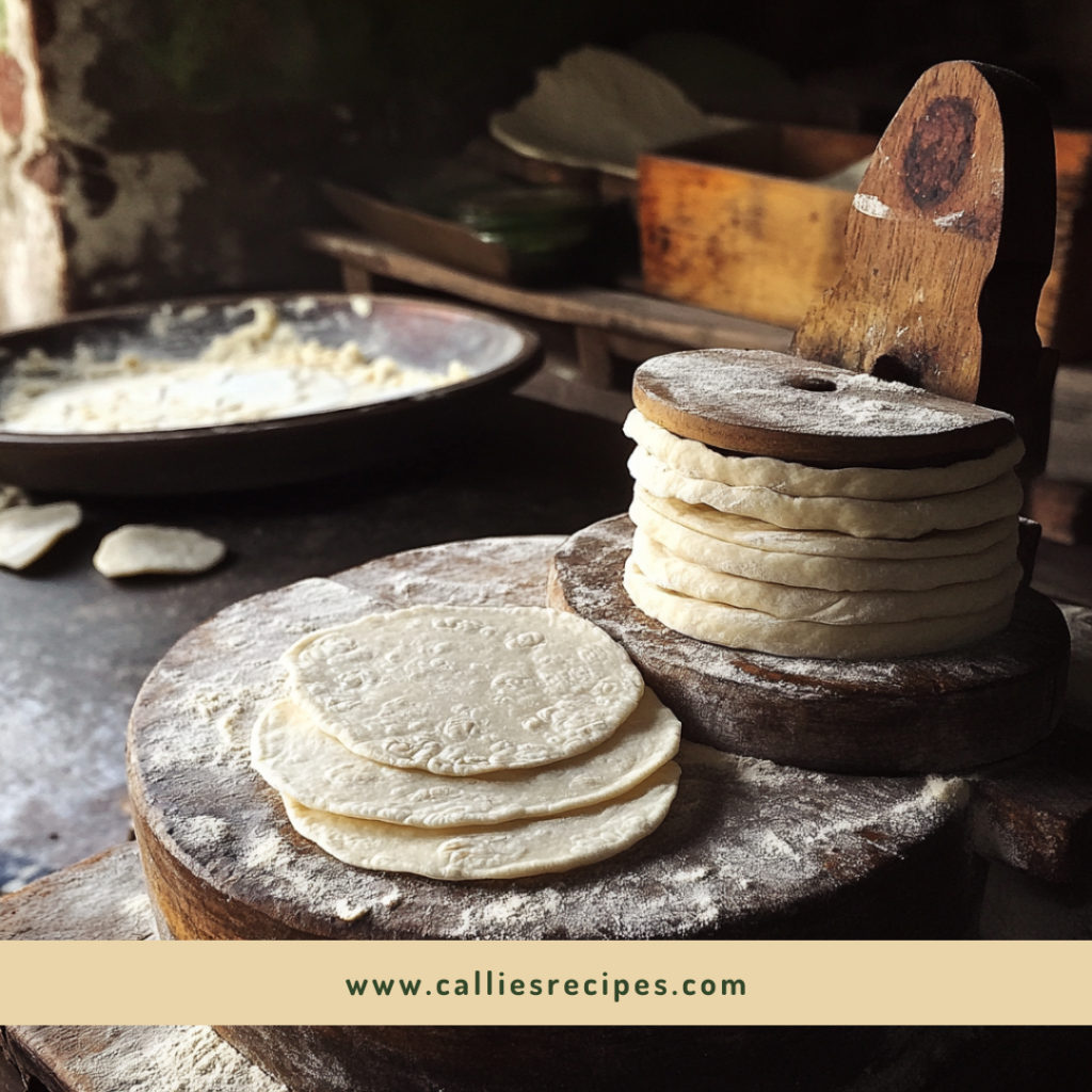 Making fresh corn tortillas using traditional Mexican cuisine methods and tools