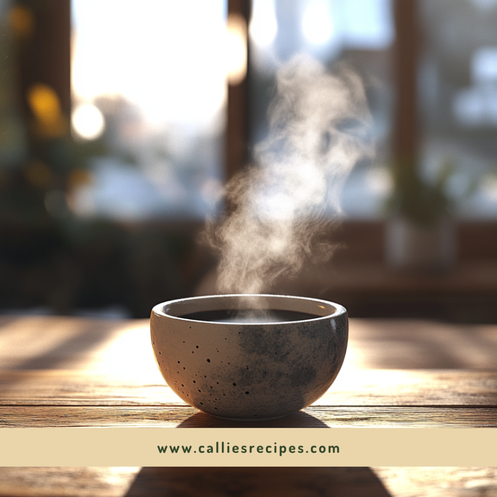 Steam rising from an artisanal coffee cup on a rustic wooden table, bathed in morning sunlight