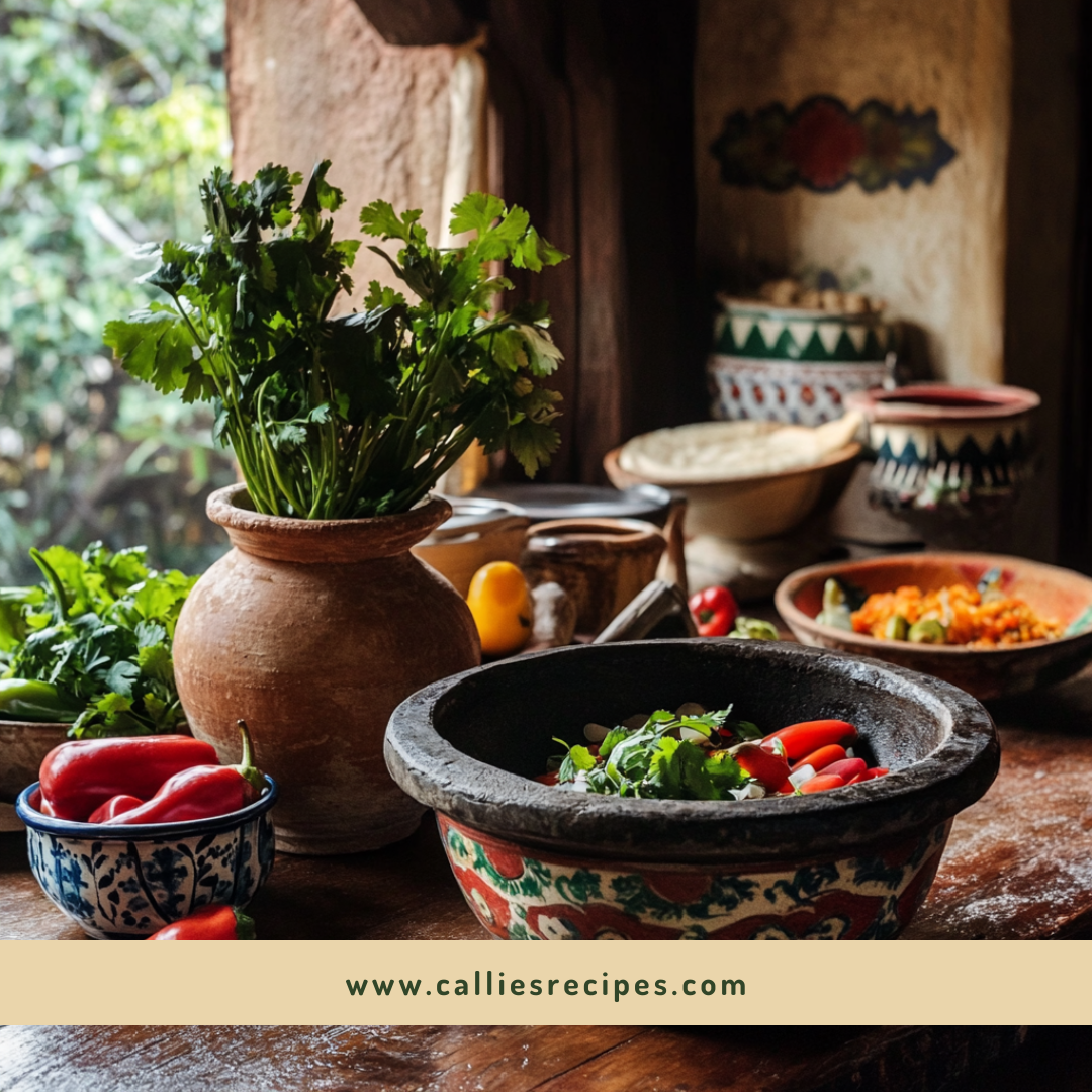 Traditional Mexican kitchen scene with molcajete, fresh produce, and ceramic cookware