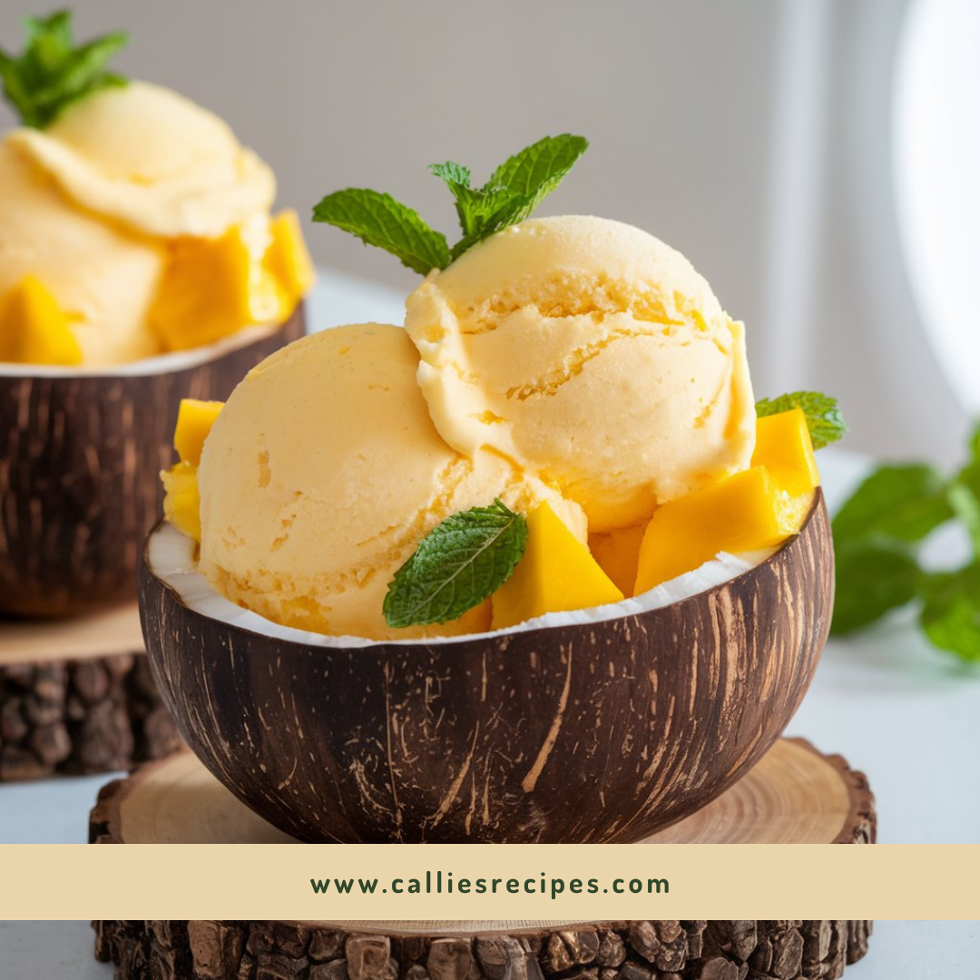 Scoops of orange-yellow mango sherbet in coconut bowl with fresh mango garnish